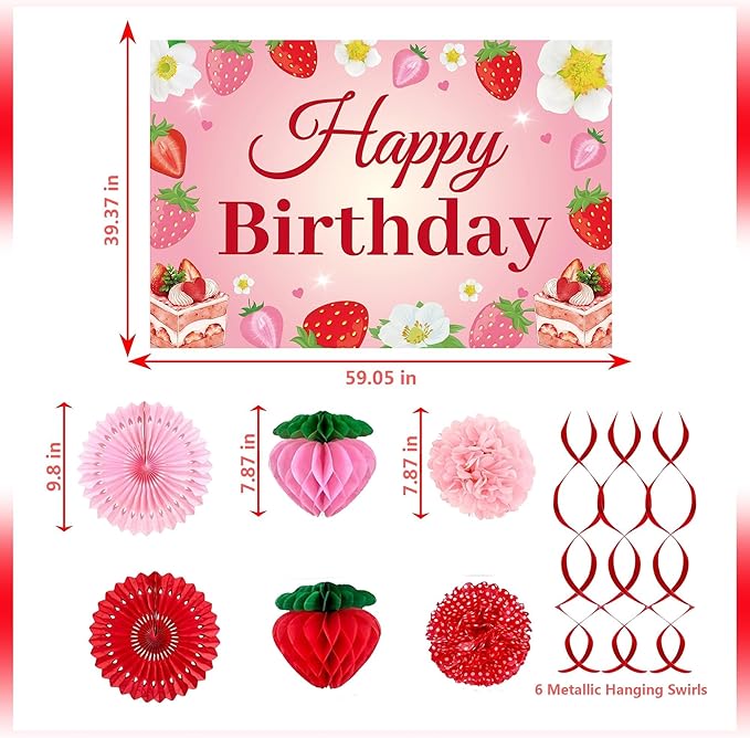 Strawberry Birthday Party Decorations,Strawberries Banner Backdrop Red Pink Fans Hanging Swirls honeycomb ball Pom Poms for Baby Shower Strawberrys Shortcake Party Supplies(Strawberry)