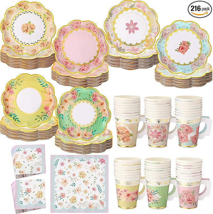 Yungyan 216 Pcs Tea Party Plates and Napkins Sets Serve 72 Guests Floral Disposable Tea Party Supplies Paper 6" Plates and Napkins and 9 oz Cups with Handle for Garden Spring Birthday Wedding