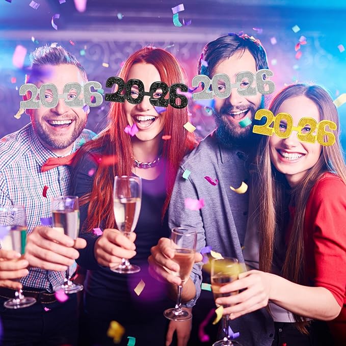 Kanayu 3 Pcs 2026 New Years Party Supplies Glasses New Years Eve Glasses Props for Women Men, Gold, Silver, Black(Glitter Style)