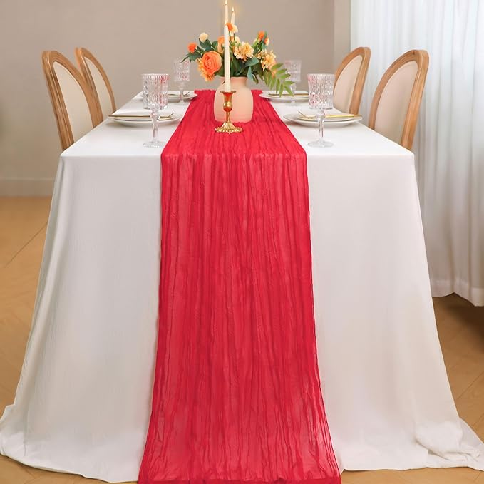 Snowkingdom 10 Ft Red Valentine's Day Cheesecloth Table Runner, 120 inch Long Boho Gauze Runner for Wedding Bridal Baby Shower Birthday Holiday Table Decorations