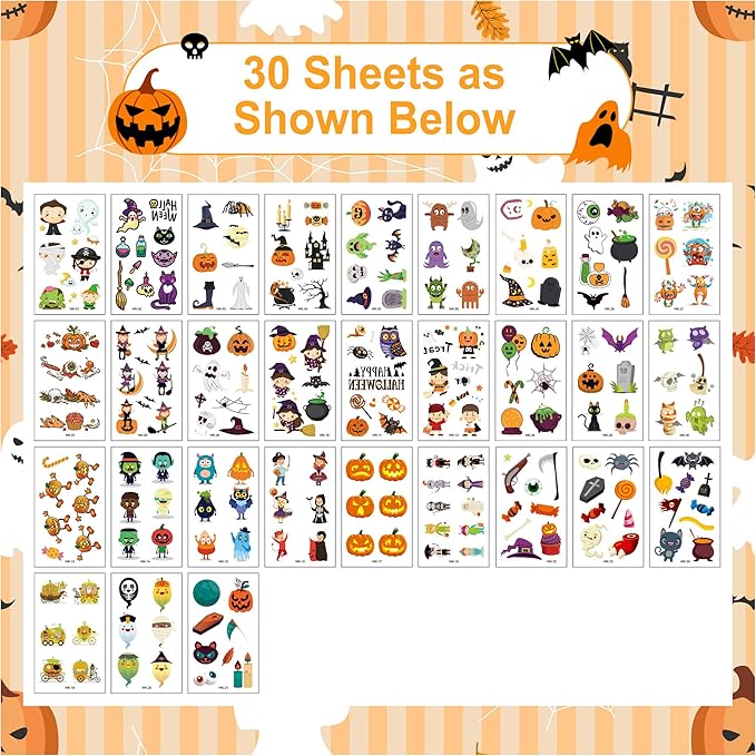 xutengy 208 Pcs Halloween Scar Temporary Tattoos for Kids， Halloween Assorted Treat or Trick Halloween Fake Tattoo Stickers for Boys Girls Goody Bag Stuffers Prizes Party Favors