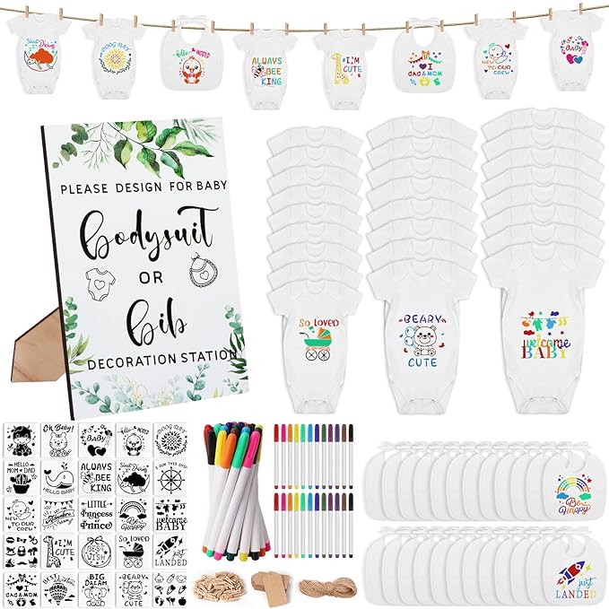 201 Pcs Baby Shower Set Baby Shower Game Sign Baby Bib Bodysuit White Baby Bib Newborn Bodysuit Baby Shower White Decorating Kit(Green)