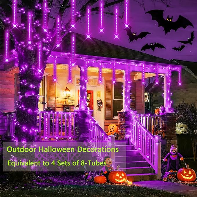 Christmas Decoration Outdoors - 32 Tubes Meteor Shower Lights, Waterproof Falling Rain Lights for Halloween Decor Xmas Tree Garden Yard Wedding Party, Purple