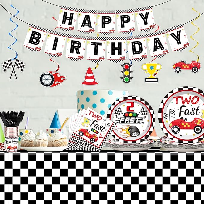 184pcs Two Fast Birthday Party Supplies Set Includes Racing Car Plates Napkins Tablecloth Swirl Banner Tableware Kit Dispose 2nd Birthday Table Decorations Favors, Serve 25