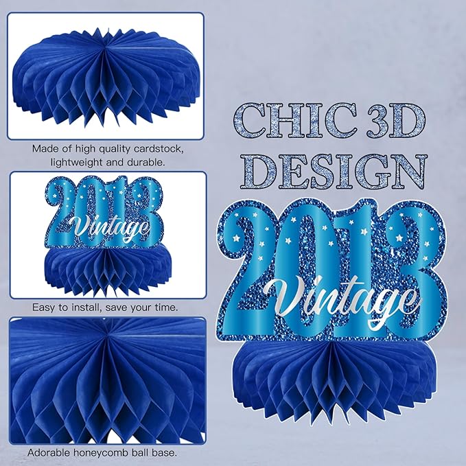 9Pcs 13th Birthday Decorations Blue Silver 13th Birthday Party Decorations for Teens Boys Girls,Happy 13 Years Birthday Honeycomb Centerpieces Table Sign Decor Supplies