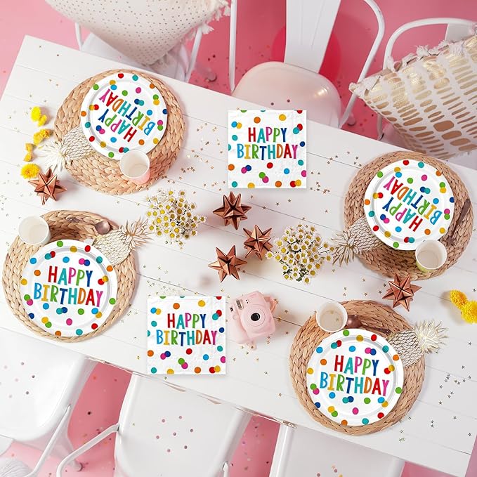 40PCS Happy Birthday Party Plates and Napkins, Happy Birthday Desserts Plates Disposable Rainbow Dots Tableware Supplies for Adults and Kids Party Decorations