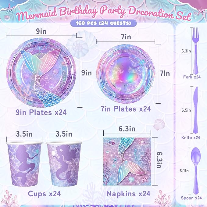 Purple Mermaid Party Tableware Supplies, 168PCS Mermaid Plates Napkins Cups and Purple Cutlery Set, 24 Set Mermaid Disposable Dinnerware Set for Birthday Party Decorations