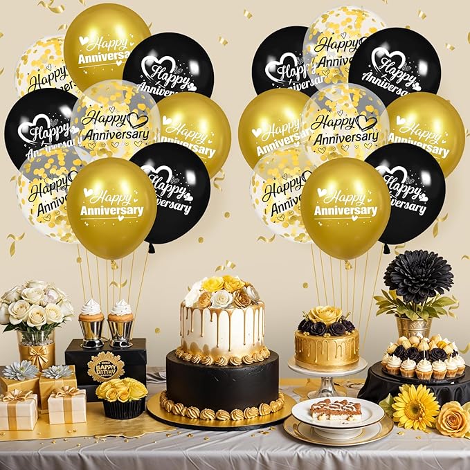 Happy Anniversary Balloons 18Pcs Black Gold Anniversary Party Decorations for Women Men Gold Silver 12Inch Metallic Confetti Anniversary Balloons for Indoor Outdoor Party Supplies
