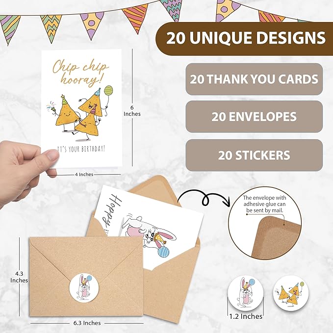 Birthday Cards with Envelopes & Stickers, Funny Assorted Happy Birthday Bulk, Cute Handmade Bday Greeting Cards for Kids, Students, Women, Friends, Family, Work & Office, 20 Unique Designs (4"x6")