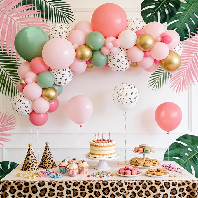 Pink and Green Balloons, Jungle Safari Balloon 12 Inch Leopard Cheetah Print Sage Green Dusty Light Pink Metallic Gold Latex Balloons for Girls Boho Baby Shower Wild One Birthday Party Decorations