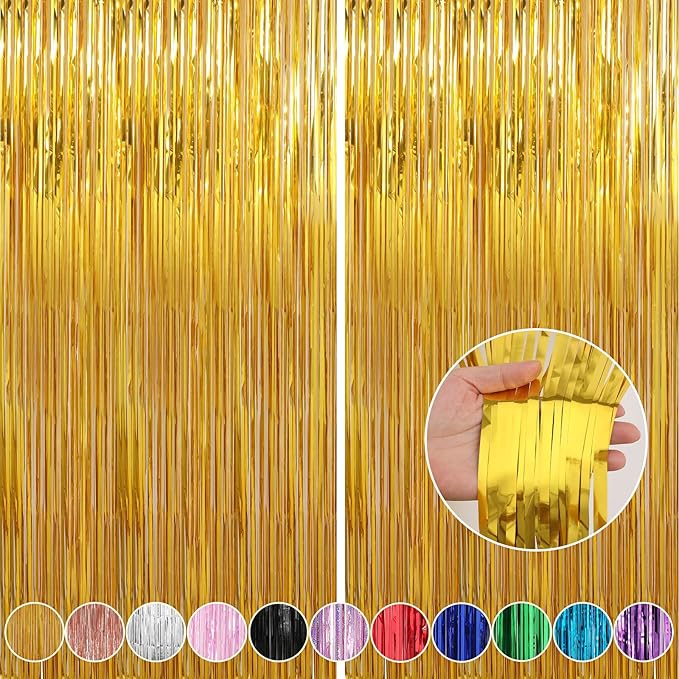 2 Pack Gold Foil Fringe Curtains Streamers Party Decorations 3.3 x 8.2 ft, Gold Tinsel Curtain Fringe Backdrop for Parties, Door Fringe Birthday Streamers, Photo Booth Backdrops, Party Decor