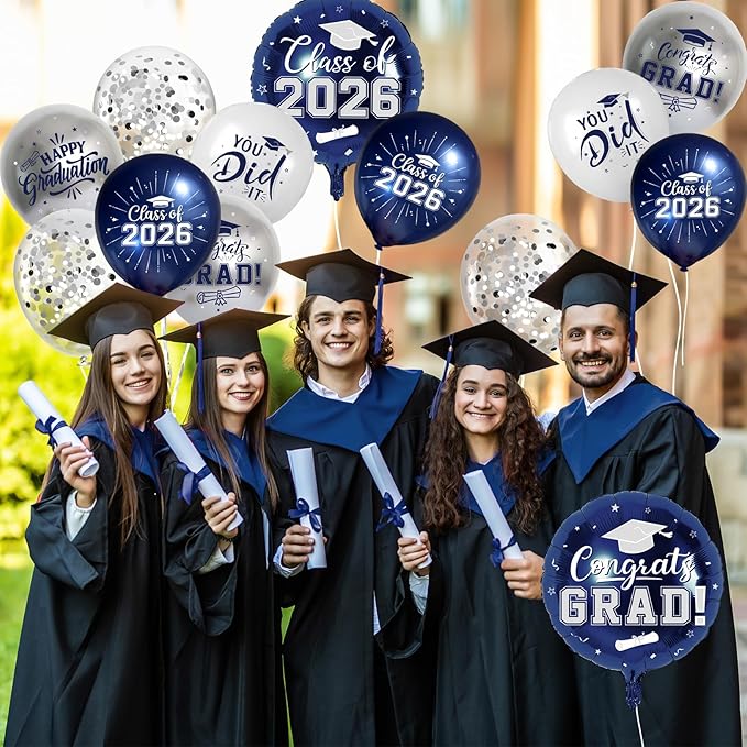 Navy Blue and Silver Graduation Balloons Graduation Decorations 2026, 51Pcs Grad Latex Balloons and Grad Foil Balloon with Confetti Ribbons Grad Party Decorations for College High School