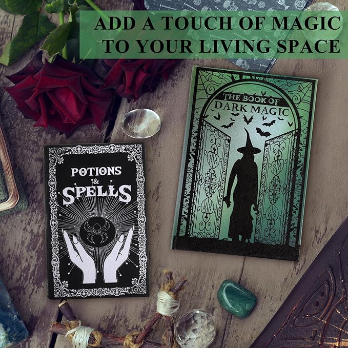 Set of 2 Magic Nesting Halloween Books Decoration Witch Potion Dark Magic Pattern Spooky Holiday Themed Fake Faux Hollow Book Boxes Decorative Vintage Gothic Jewelry Trinket Storage Box