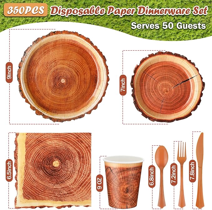 350 Pcs Camping Wood Grain Slice Tableware for 50 Guests Rustic Camo Hunter Plates Disposable Napkins Cups Plates Cutlery Hunting Plastic Knives Fork Spoon for Camping Party