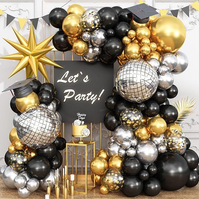 Black and Gold Balloon Garland Arch Kit New Year with 4D Disco Ball Explosion Star Balloons, Black Silver Gold Balloons for 2026 New Year Eve Grad Birthday Retirement Party Decorations