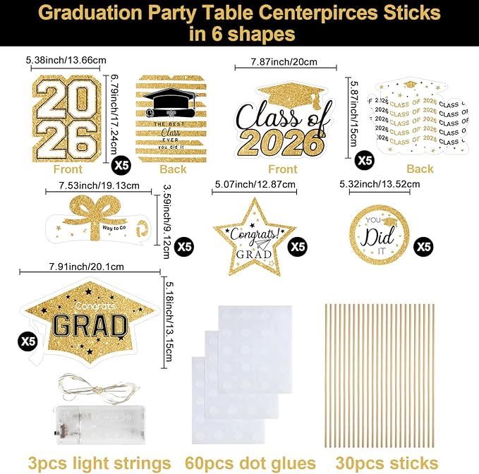 OuMuaMua Graduation Decorations Class of 2026-30pcs White and Gold Graduation Table Centerpieces Sticks Table Toppers with Lights for College High School Congrats Grad Party Supplies