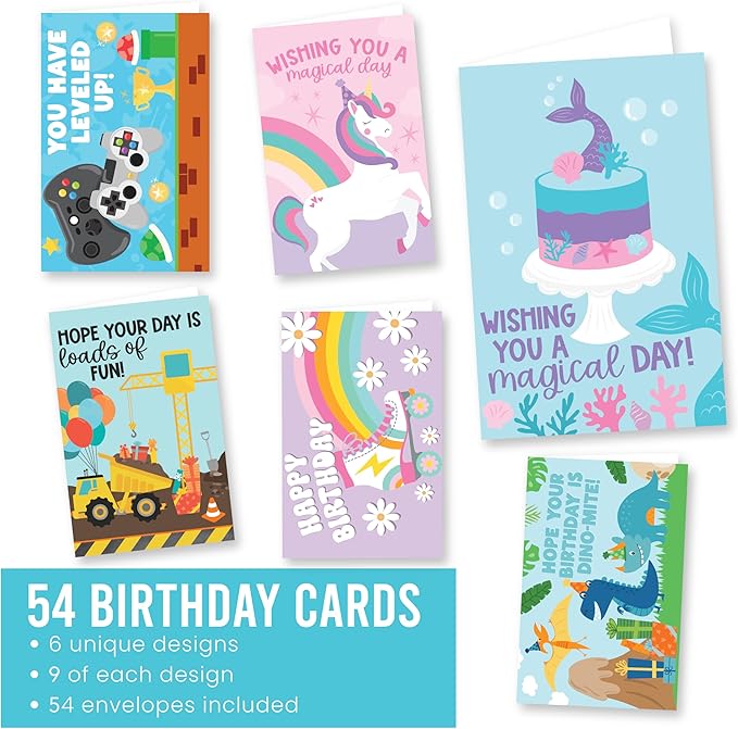 Hadley Designs Happy Birthday Cards for Kids with Envelopes - 54 Assorted Kids Birthday Cards Bulk for Classroom, Generic Children Greeting Card Pack for Students, Bday Notecards, Designed in USA