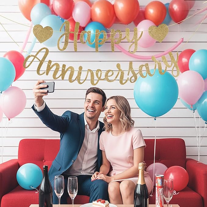 Happy Anniversary Banner, Glitter Happy Anniversary Decorations No DIY Anniversarys Decor Gold Glitter Bannersfor Wedding Anniversarys Party Decorations