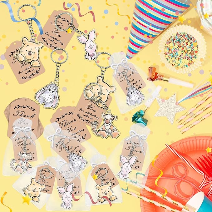 72pcs Winnie Baby Shower Decorations, Thank You Winnie Keychain for Party, 24 Acrylic Keychains, 24 Tags, 24 Gift Bags for Winnie Themed Party