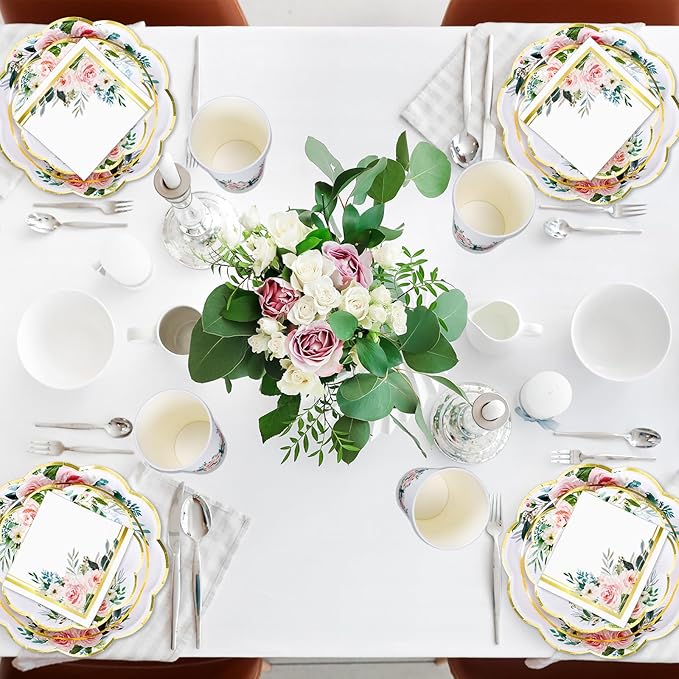 Whaline 100Pcs Pink Floral Paper Tableware Set Spring Flower Gold Foil Disposable Dinnerware Scalloped Plates Napkins and Cups for Wedding Birthday Baby Bridal Shower Party Supplies Table Decor