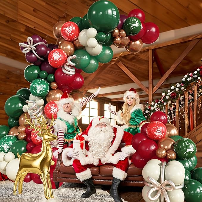 Retro Christmas Decorations Balloon Arch, Ruby Red Green White Balloon Garland with Bell Deer Print Metallic Bronze Gold Balloons Deer Foil Mylar Balloons for Xmas New Year Winter Festive Party Decor