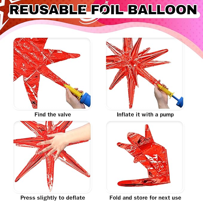 6PCS Star Balloons, 22Inch Huge Hot Pink Red Pink Star Balloon Foil Spike Cone Balloons for Girls Women Birthday Bridal Shower Valentine's Day Party Decorations
