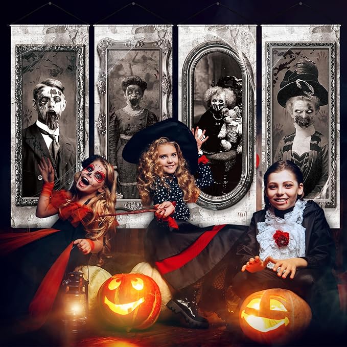 Panelee 4 Pcs Halloween Gothic Banner 3D Changing Face Moving Portrait Banner Decorations Halloween Horror Scary Porch Sign Backdrop for Indoor Outdoor Haunted Wall Hanging Decor