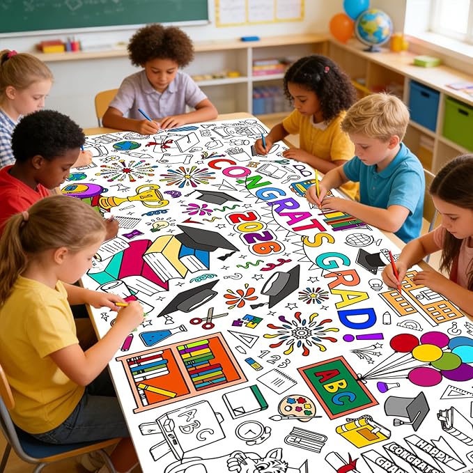 Graduatio Giant Coloring Poster,30x72 Inch Graduation Drawing Coloring Tablecloth DIY for Kids Preschool Graduation Activities Home Classroom Party Suppiles Large Congrats Card Coloring Table Cover