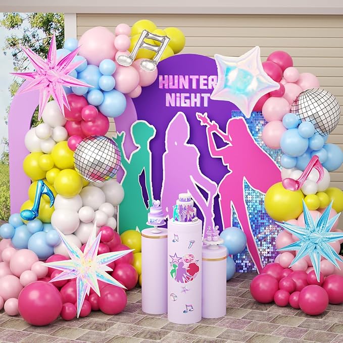 JOGAMS 175Pcs Colorful K-Pop Balloon Arch Kit, Hot Pink Blue Yellow White Pink Balloons with Disco Ball Music Note Iridescent Star Foil Balloons for Kpop Music Disco Theme Birthday Prom Concert Party