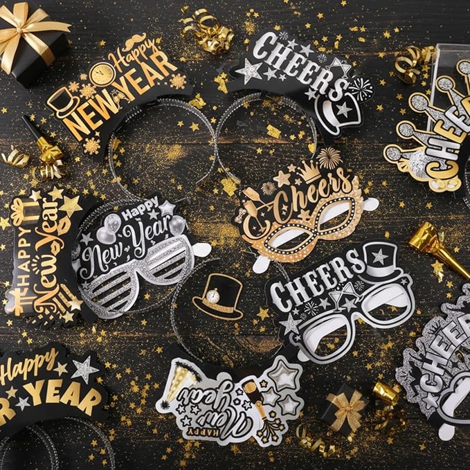 Jenaai 96 Pcs New Year Eve Party Supplies 2026 Happy New Year Eve Party Favors Include Paper Glasses Cone Hats Black Silver Gold Headbands Blowers Noisemakers for Holiday Decors Photo Prop Accessories