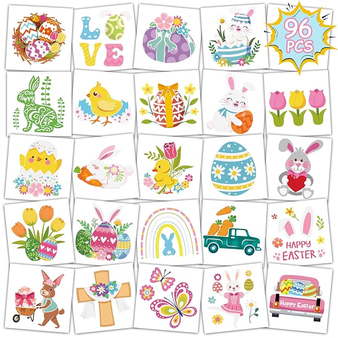Konsait 96Pcs Easter Tattoos for Kids, Colorful Easter Tattoos Stickers Easter Temporary Tattoos, Easter Egg Fillers, Easter Basket Fillers Easter Party Favors Accessories, 48 Designs