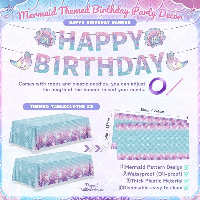 195Pcs Mermaid Birthday Party Decorations with Happy Birthday Banner Tablecloth, Mermaid Themed Party Supplies with Plates Cups Napkins Straws Cutlery, Purple Blue Disposable Tableware for 24 Guests