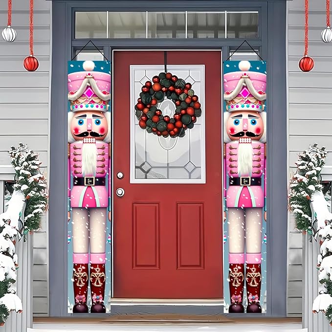 Pink Nutcracker Christmas Porch Banners 71x12 Inch Holiday Door Banner Decorations Hanging Soldier Welcome Signs for Xmas Indoor Outdoor Winter Front Door Party Décor