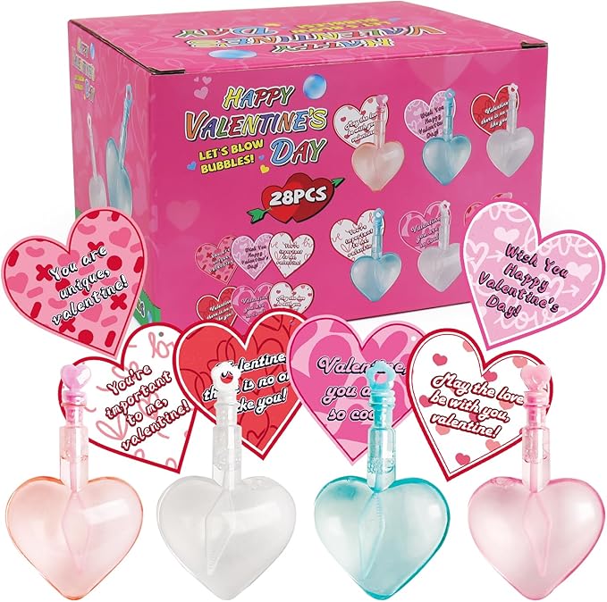 28Pcs Kids Valentines Day Gifts for Classroom - Valentine Cards with Heart Shape Bubble Wands Novelty Toys for Boys Girls Exchange Gifts, Party Favor Prizes, Valentine’s Greeting Gifts