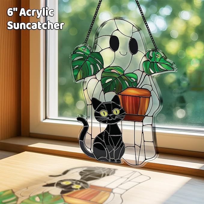 2 Cute Halloween Decoration Suncatchers, 6" Spooky Cute Ghost Plant Window Hangings, Ghost with Black Cat Greenhouse, Pumpkin Ornaments Home Garden, Gifts for Mom, Plant Lovers, Women, Girl SS358