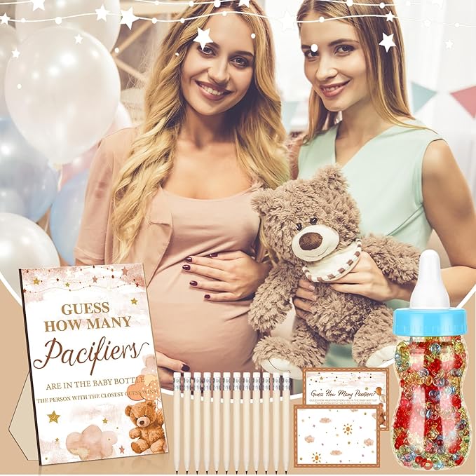 Syhood Brown Bear Baby Shower Games Guess How Many Pacifiers Game Sign 50 Small Guessing Games 20 HB Pencils 750 ml Milk Bottle 400 Acrylic Pacifiers Decorations Guests Gender Reveal Party Favors