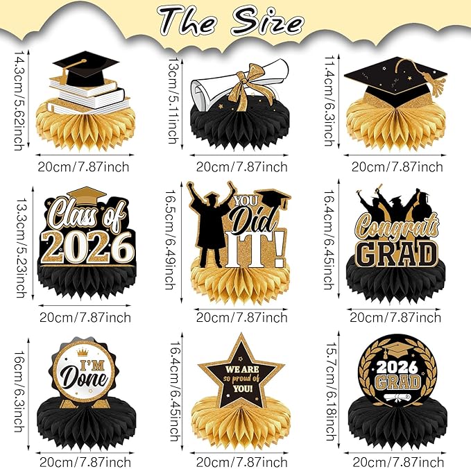 Yisong 9 Pieces 2026 Graduation Party Table Decorations Class of 2026 Congrats Graduation Centerpieces for Tables Congratulate Honeycomb Centerpiece Topper for Grad Party Supplies(Black Gold)