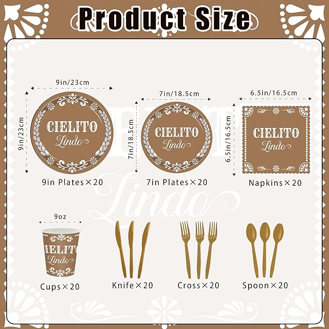 140 pcs Cielito Lindo Baby Shower Tableware, Mexican Theme White Talavera Baby Girl Shower Party Decoration Paper Plates Napkins Forks Serves 20