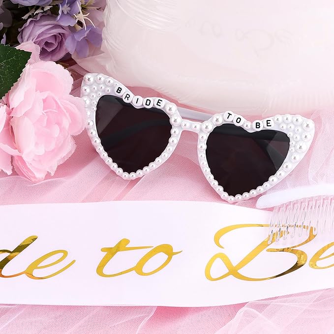 40-Inch BRIDE Balloon & Bridal 4-Piece Set: Bride to Be Pearl Sunglasses, Sash & Veil - Bachelorette Party Decor for Bridal Shower & Wedding Celebrations
