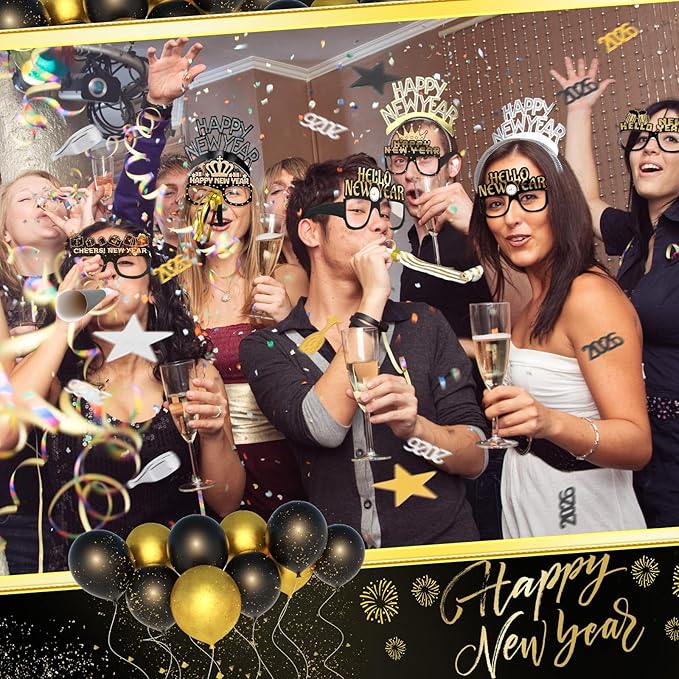 Junkin 124 Pcs New Years Eve Party Supplies 2026 Kit for 18 Guests Include Hats Glasses Blowouts Trumpet Balloons Banners Fringe Curtain Ambient Lights New Years Decorations Party Favors