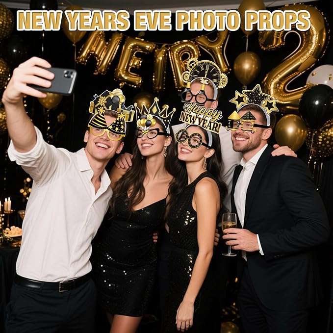 Pajean 32 Pcs New Year Eve Party Supplies 2026 Include 16 Paper Eyeglasses and 16 Paper Headbands Happy New Year Photo Booth Props for Black Gold 2026 Eve Party Decoration Favors Accessories