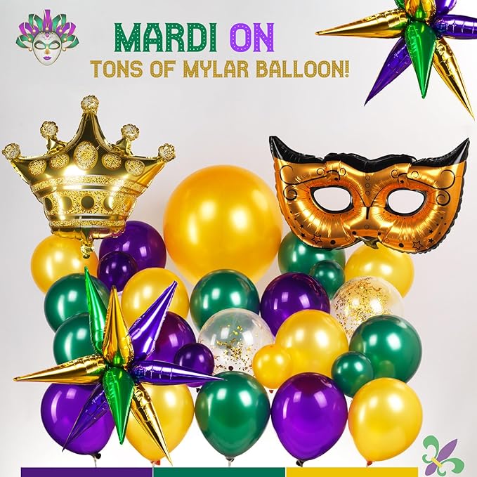 Mardi balloon garland arch kit 130pcs Purple green gold with golden confetti balloons Mylar star Crown and Crown Mask Balloons for Gorgeous Funny Grand Fat Tuesday Party decorations