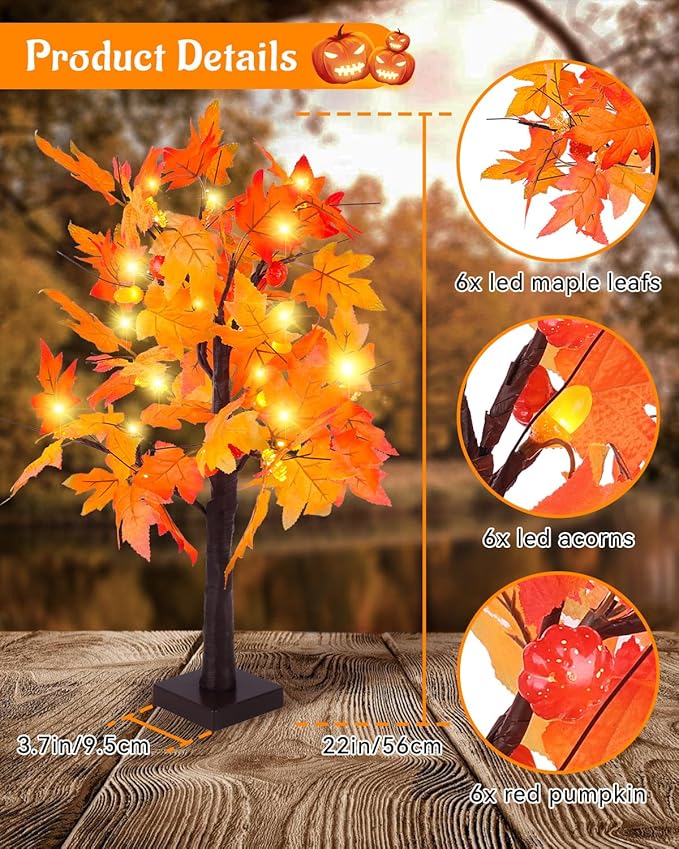 Fall Maple Tree Light 2 Pack, Fall Decorations USB & Battery Operated Light Up Artificial Pumpkins Maple Acorn Tree for Fall Halloween Thanksgiving Table Harvest Home Indoor Decoration