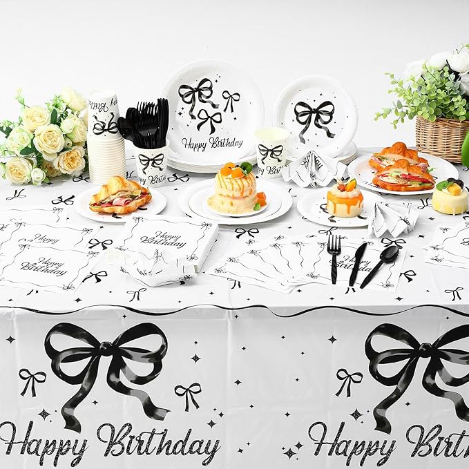 Pickmesh 194 Pcs Black Bow Birthday Decoration Coquette Birthday Tableware Set Includes Black Bow Paper Plates Napkins Cups Tablecloth Coquette Party Supplies for Baby Shower Bachelorette Party Decor
