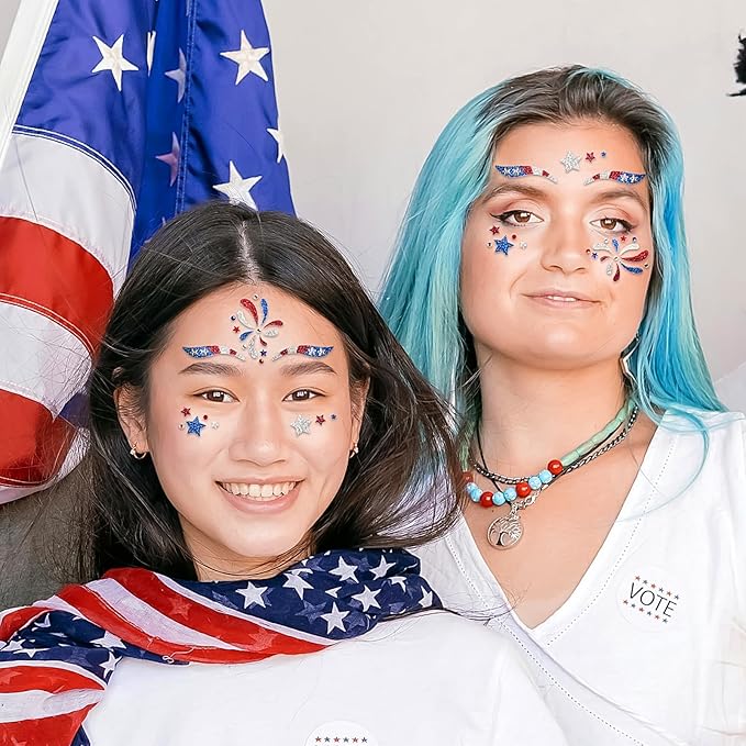 2 Sheets USA Flag & Stars Glitter Face Tattoo Jewelry, 4th of July Celebration Face Gems with Assorted Designs, Sparkle Red Blue Glitter in Independence Day, Parades, Parties & More (style4)