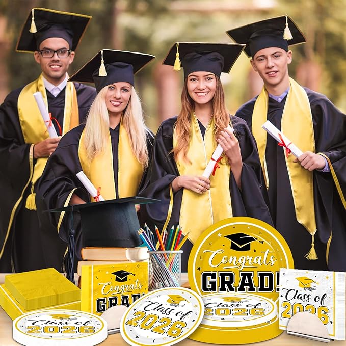 Graduation Party Plates and Napkins Yellow Class of 2026 Grad Congrats Party Supplies Disposable Dessert Paper Plates Cocktail Napkins forGraduation Party Decorations,Serve 50