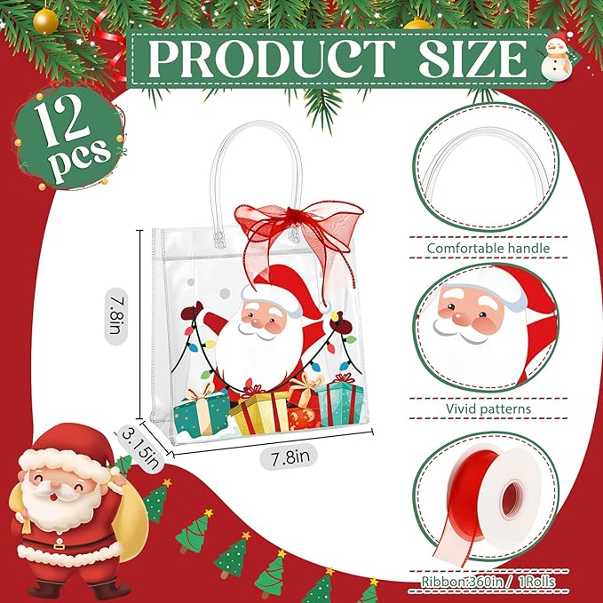 Henoyso 12 Pcs Christmas Clear Gift Bags Plastic Candy Treat Goodie Bags Red Foil Santa PVC Wrap Totes with Handles and Ribbon Xmas Party Favors (Santa and Snowman,7.8 x 7.8 x 3.1 Inch)