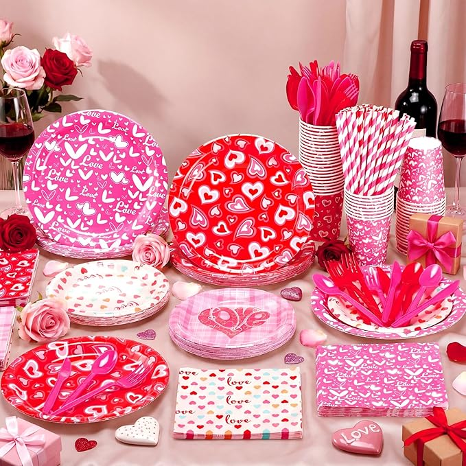 450 Pcs Heart Love Tableware Set Decorations Mother's Day Paper Plates Napkins Cups Cutlery Straws for Church Event Party Supplies, Serves 50