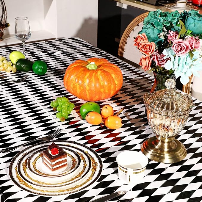 Irenare 3 Pieces Black and White Checkered Tablecloth Gingham Tablecover Disposable Plastic Tablecloth Spring Picnic Tablecover for Spring Birthday Party Sock Hop Holiday Party Decor 54 x 108 Inches