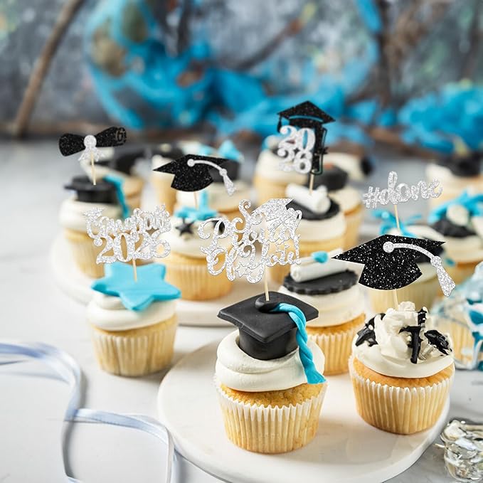 Gyufise 24Pcs Graduation Cupcake Toppers 2026 Silver Glitter Class of 2026 Cupcake Toppers Supplies So Proud of You Congrats Grad Cap Diploma Cupcake Picks for Graduation Party Decorations